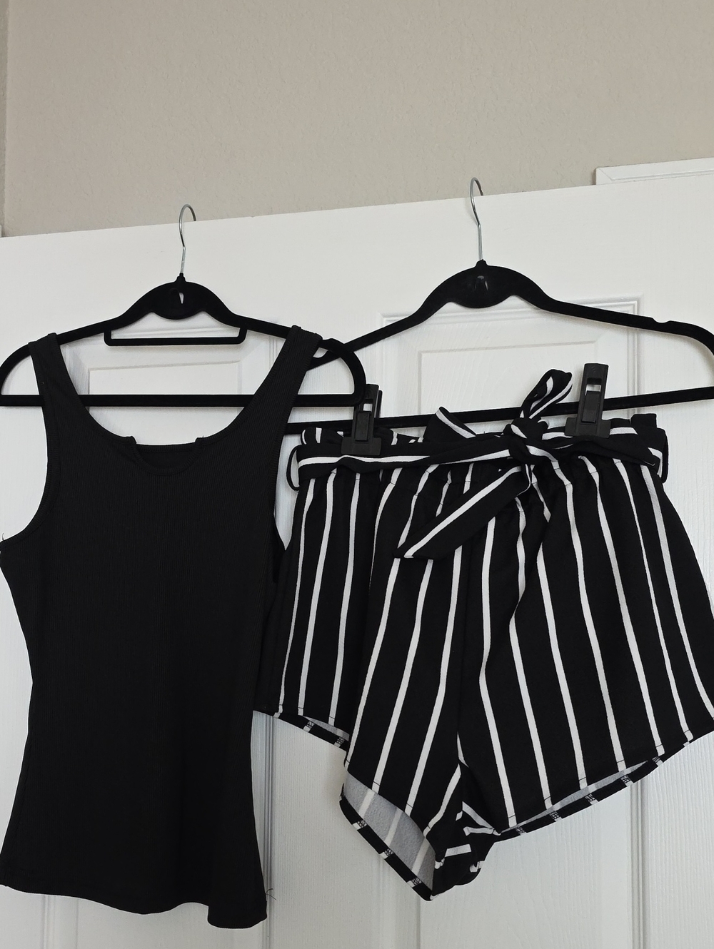 Black Tank Top & Black/White Striped Tie-Waist Shorts Set